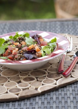 Salade de lentilles aux tomates, carottes et jeunes pousses de salade mesclun