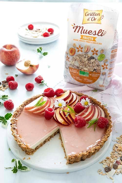 Recette Tarte panna cotta muesli, fleur d’oranger et pêches
